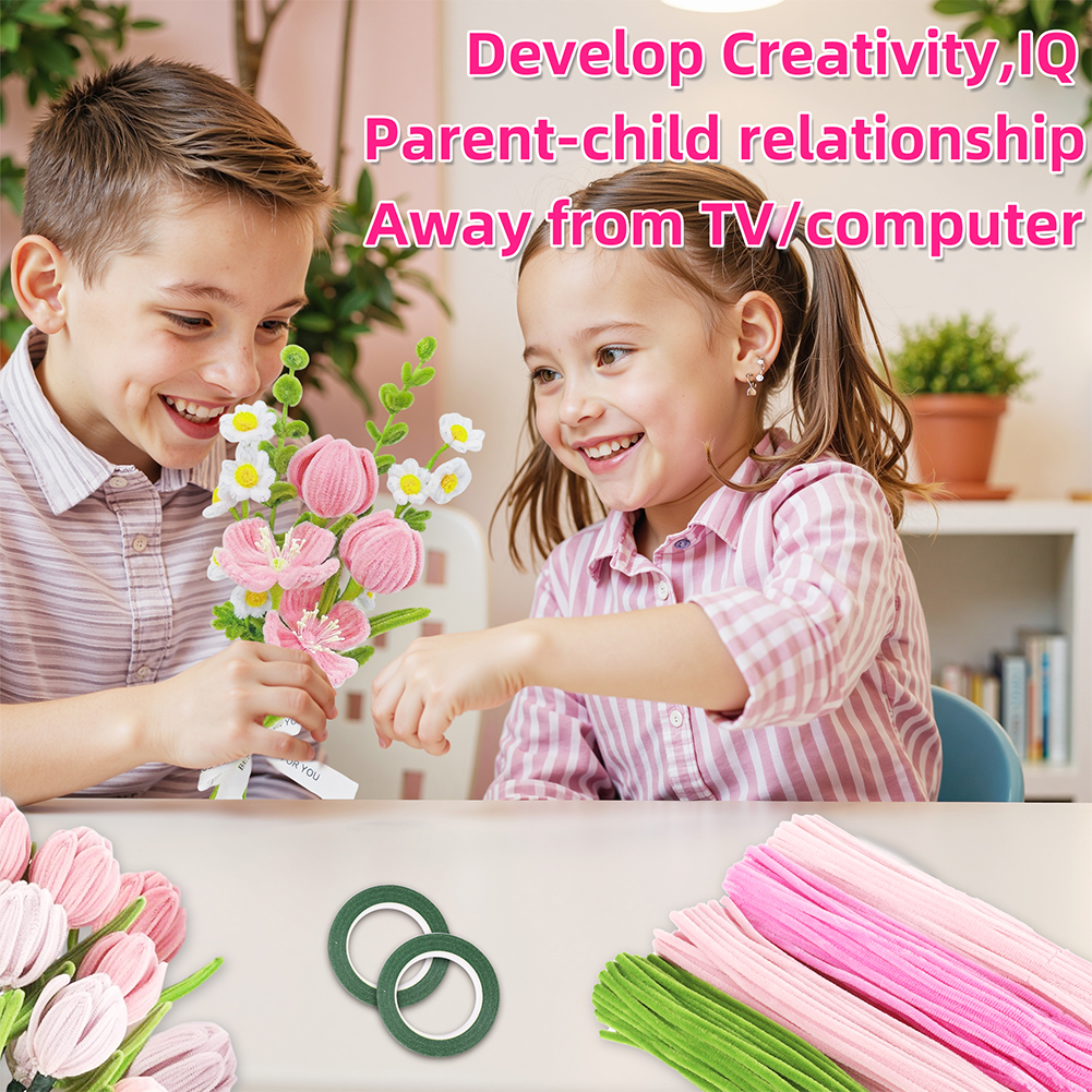 Yucurem 400PCS Pipe Cleaners Craft, 4 Assorted Colors Pipe Cleaners Bulk, Chenille Stems for DIY Flower Making Kit with Floral Wires, Gardening Tape,Stamen& Ribbon (Pink)