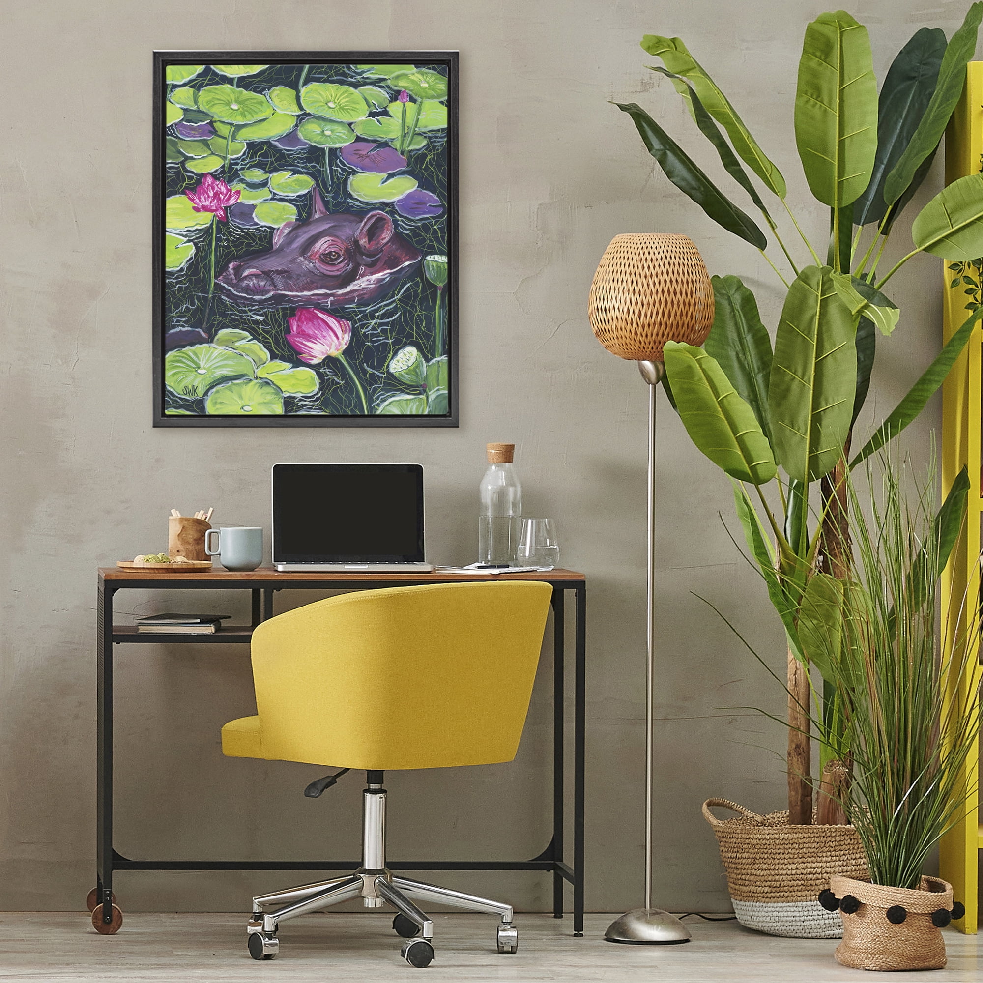 Stupell Industries Hippo & Blossoms Pond Black Framed Floater Canvas Wall Art, design by Sarah Waldron Kimball