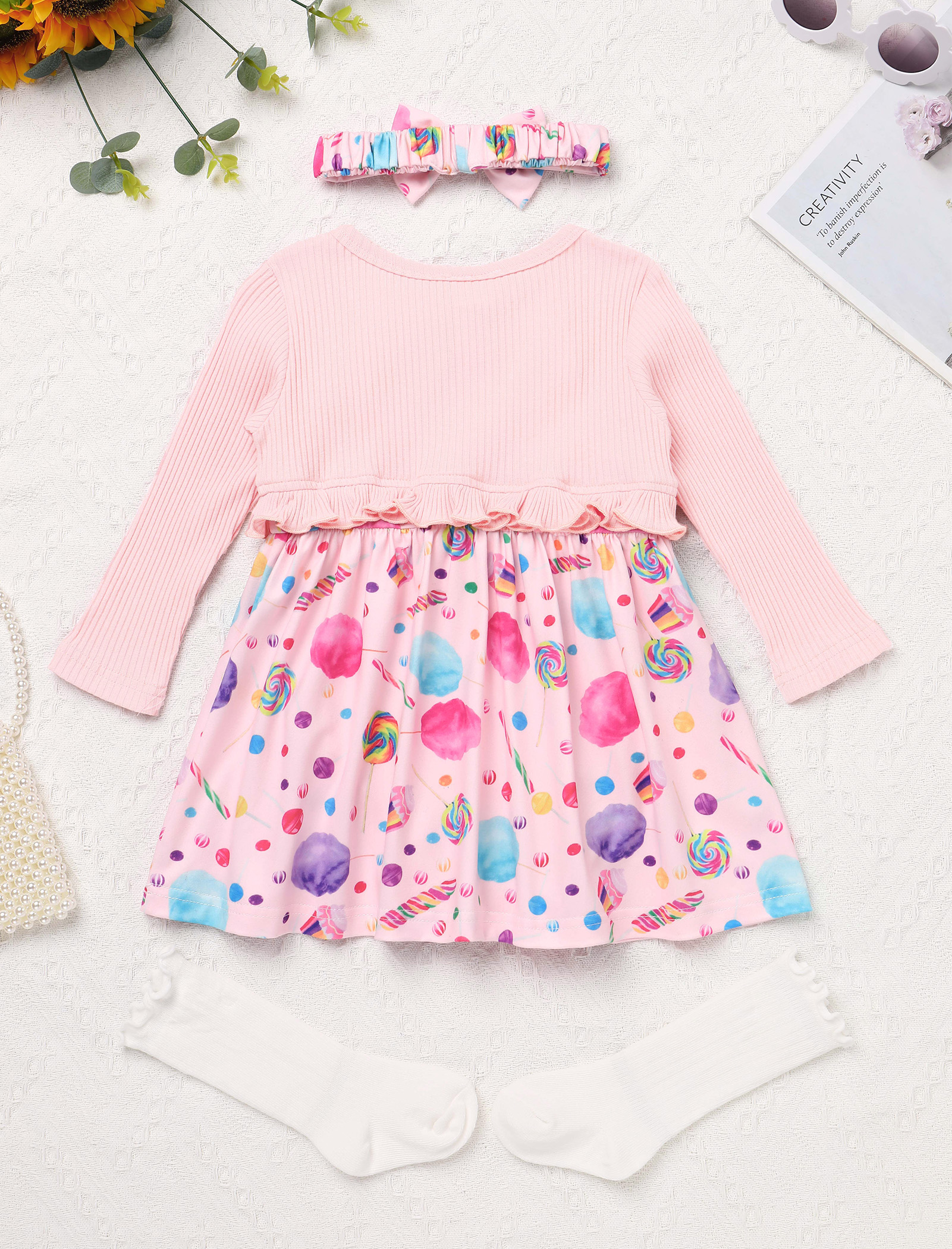 IWEMEK Infant Girl Dress Spring Casual Long Sleeve Outfits Crewneck Candy Bow Cute Romper Size 9M-12M