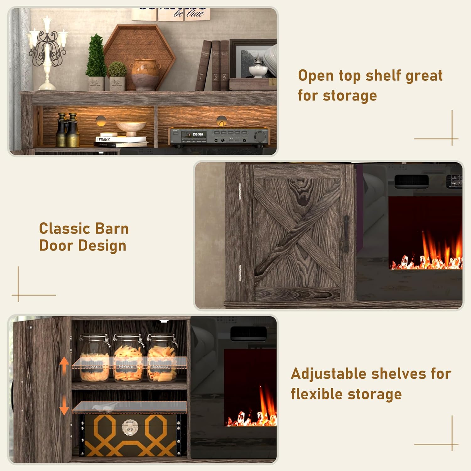Chvans Fireplace TV Stand for 80" TV, Farmhouse photo 6