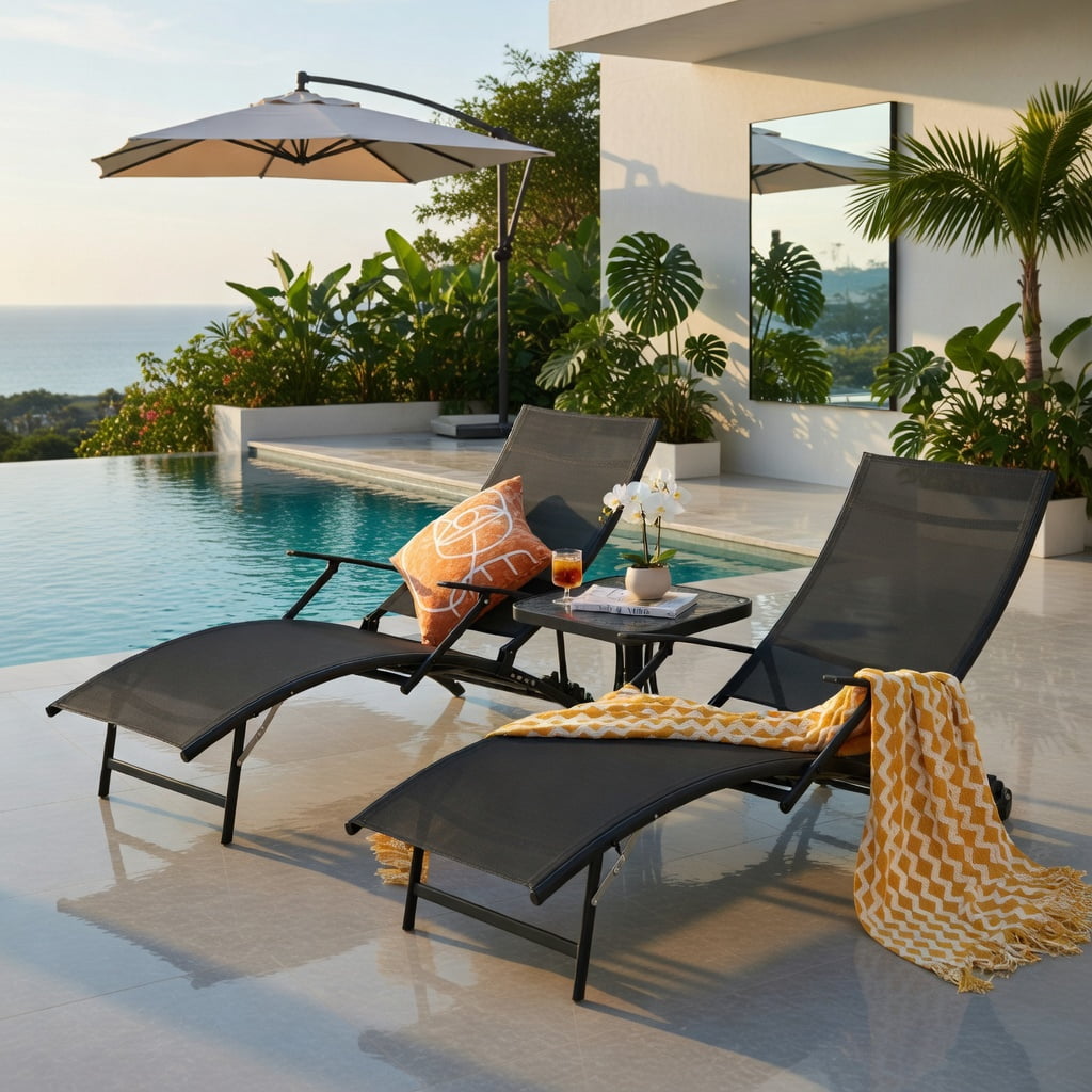 Hommoo 2-Pack Folding Stackable Outdoor Chaise Lounge Chairs with 5-Position Adjustable Backrest, Rustproof Steel Frame & Quick-Dry Fabric,for Patio, Poolside & Backyard Use, Black