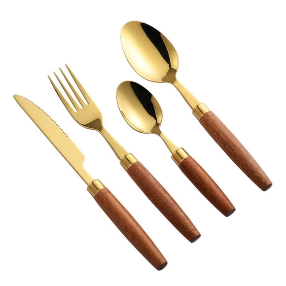 Zhuge 16 Pieces Stainless Steel Cutlery Set Short Wood Handle Flatware Set Knife Fork Spoon Service for 4-Gold