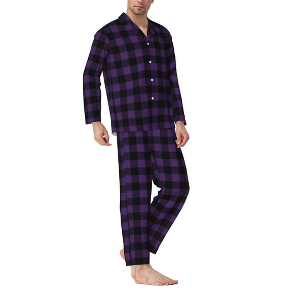 Mens Pajamas Set - Purple Black Plaid Comfy Long Sleeve Button Up Pajama Sets for Men 2 Piece, Soft Sleepwear Nightwear Pjs Lounge Sets for Men with Pockets