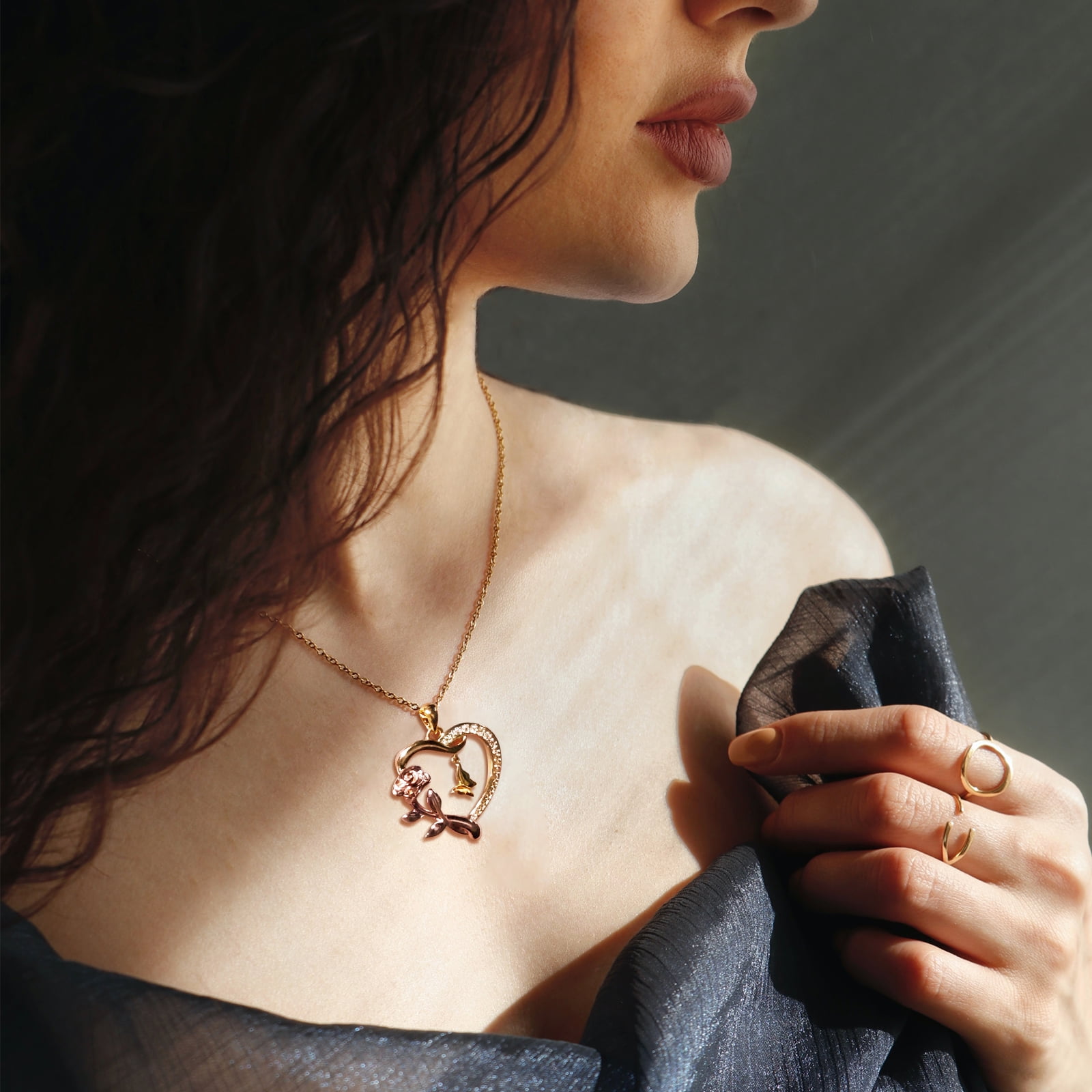 Heart Necklace for Women 14k Gold Plated CZ Romantic Rose and Butterfly Jewelry Gift for Women Birthday Valentine's Day