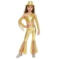 thumbnail image 1 of Runhomal Girls 3pcs Dance Performance Outfits Sequin Tassel Crop Top And Bell Bottom Pants Hat Disco Dancing Set Gold 14, 1 of 5
