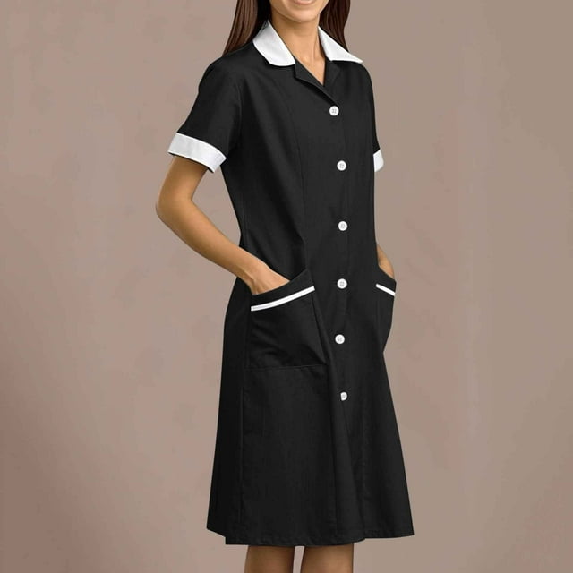 Tidyack,Slash Prices,Nurse Lapel Dress, Solid Color Work Dress, Pockets + Button Splicing, Midi Length, For Healthcare Staff, Professional Work Attire, Cotton Blend, Clean Cut, Daily Uniform
