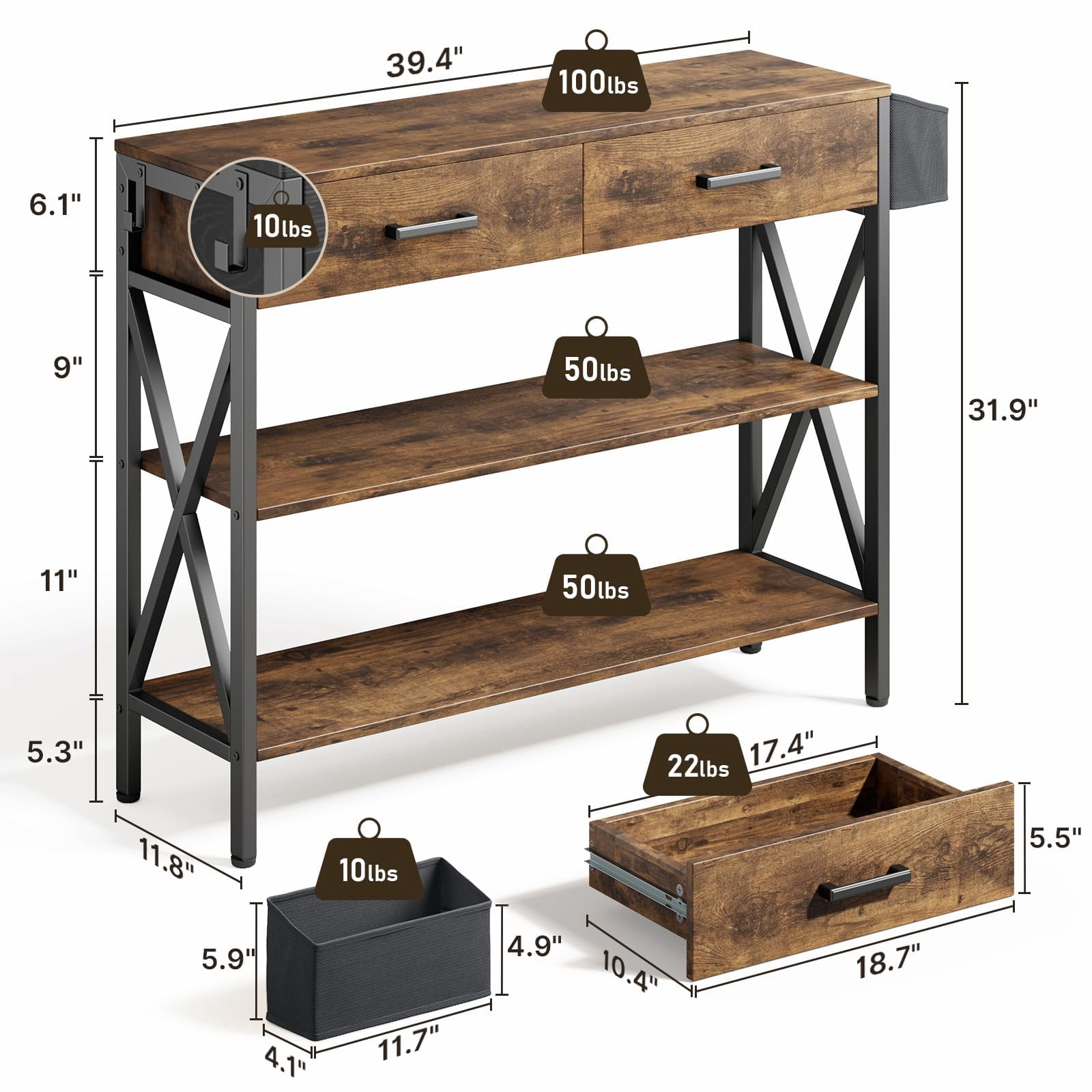 Aiho 39" Entryway Table with 2 Drawers, Modern Console Table with 3 Tier Storage Shelves, Sofa Table for Livingroom, Entruway, Small Spaces, Retro