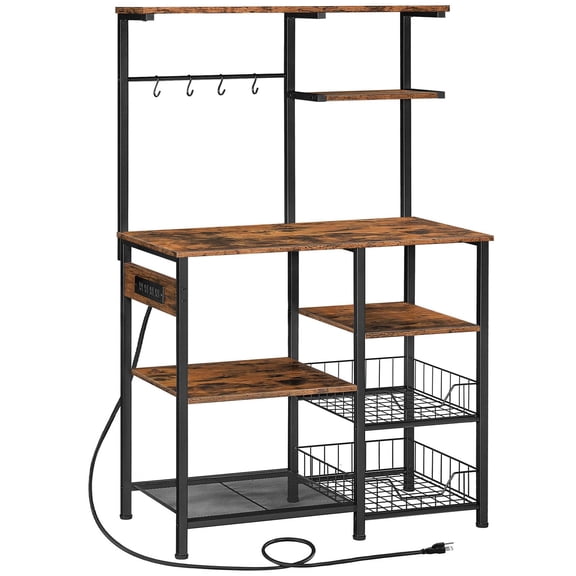 6-Tier Bakers Rack With Power Outlets, Hooks, Wire Baskets - Standard