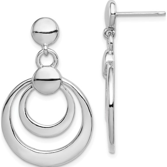 Sterling Silver Rhodium-Plated Double Circle Dangle Post Earrings (32 X 20) Made In China qe4821