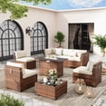 thumbnail image 4 of Poteban 8 Pieces Outdoor Patio Furniture Set with 44" Fire Pit Table, Brown Wicker Rattan Sectional Sofa with Cushions and Glass Coffee Table for Backyard Garden, Khaki, 4 of 12