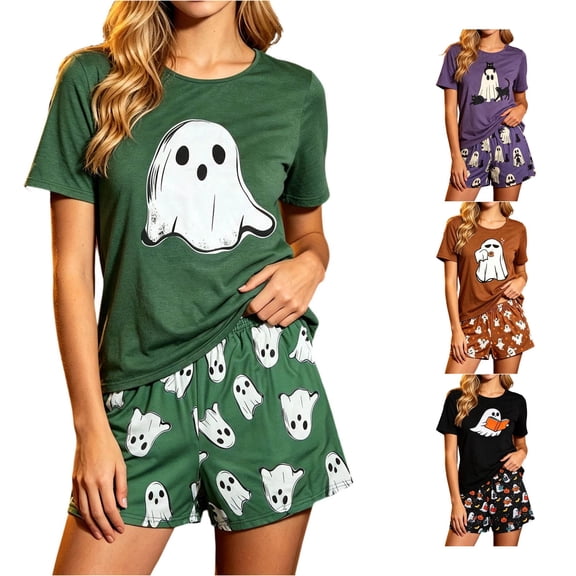 LIIPEE Womens Halloween Ghost Graphic Pajamas Ladies Short Sleeve Tees And Shorts Holiday Pajama Set