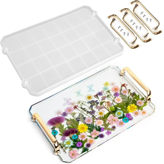 Resin Tray Mold with 3 Handles, Silicone Rectangle Tray Molds for DIY Crafts, Epoxy Resin Geode Tray Mold for Making Tray, Serving Board, Home Decorations