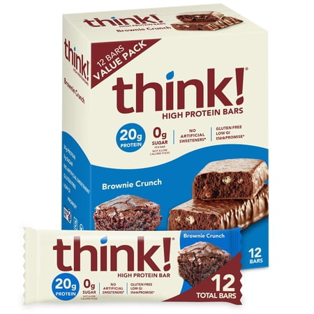 Think! Protein Bars, High Protein Snacks, Gluten Free, Sugar Free Energy Bar With Whey Protein Isolate, Brownie Crunch, Nutrition Bars Without Artificial Sweeteners, 2.1 Oz (12 Count)