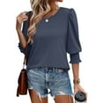 thumbnail image 4 of bbyeadc Blue Blouses for Women Crew Neck Smocked Cuff Ruched Shirts 3/4 Sleeve Dressy Casual Loose Basic Trendy Tops Summer Basic Business Tshirts Clothes, Dark Blue S, 4 of 7