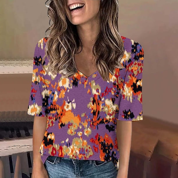 Fiudx Liquidación de Ofertas Flash Camiseta de Manga Corta con Cuello En V Estampada Informal a La Moda para Mujer