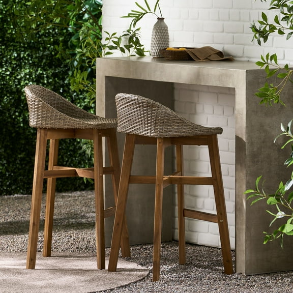 Borah Wicker and Acacia Wood Outdoor Barstools, Set of 2, Light Multibrown and Teak