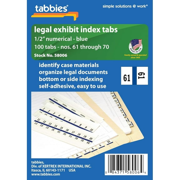 Tabbies Legal Numerical Exhibit Index Tabs, Blue Color Edge, 1/2" Tabs, 100 Tabs/Pack
