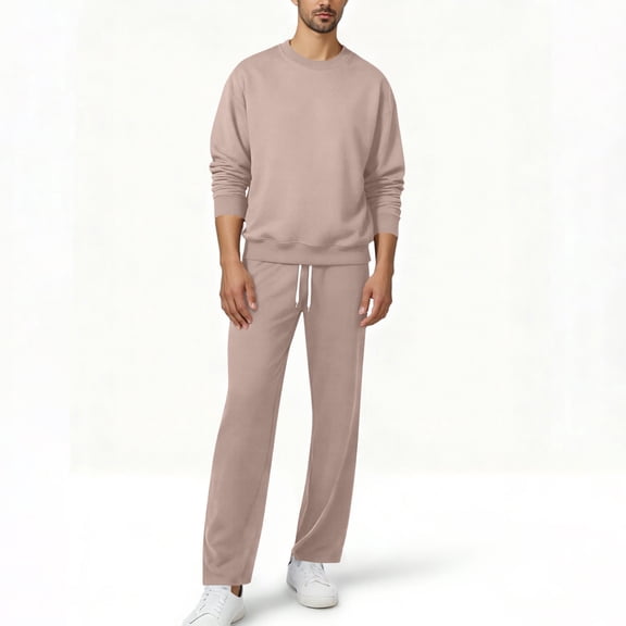 FchengtaiS Mens Fleece 2 Piece Tracksuit Crew Neck Long Sleeve Sweatshirt Drawstring Wide Leg Pants Casual Athletic Sweatsuits with Pocket