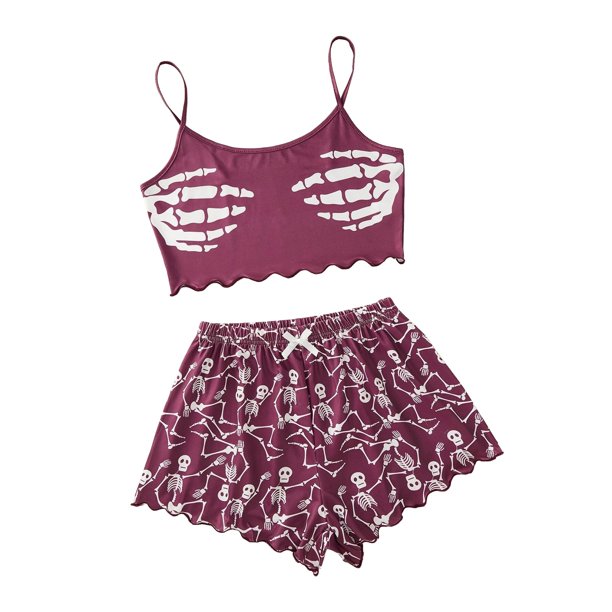 Conjunto de ropa de dormir para mujer Conjunto de chándal con estampado de esqueleto de Halloween Camis + Shorts Suit Pompotops hfajkhk123516