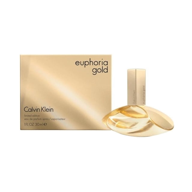 perfume calvin klein euphoria gold dama eau de parfum 100 ml caja metalizada dorada junto a frasco ovalado de vidrio ámbar con tapa rectangular dorada, vista frontal que muestra el nombre 'euphoria gold' y la marca Calvin Klein; familia olfativa oriental amaderada, uso formal y notas de naranja tangerina, miel y pachulí, a menudo usado como opción elegante para eventos formales.