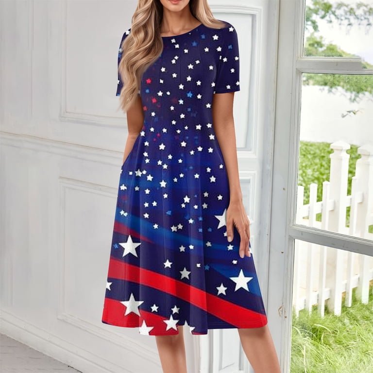 Sequin Dress For Women, American Flag T Shirt Long Dresses Casual Cotton  4Th Of July Patriotic Short Sleeve Round Neck Pocket Dress Infinity Women  2025 Trendy Dresses Outfits (XL, Dark Blue) ZMTing -