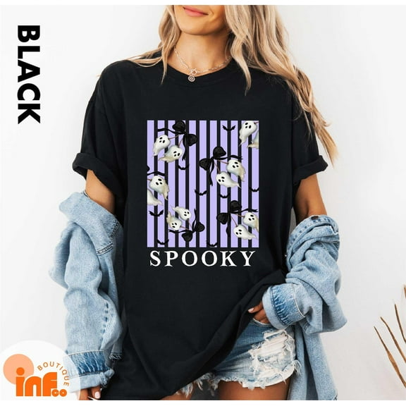 Velto Happy Holiday Ghosts & Bowa T-Shirt, Spooky Coquette Shirt, Girly Ghost Purple Bow Shirt, Lacey Ghost Tee, Spooky Season T-Shirt All Size S-5XL