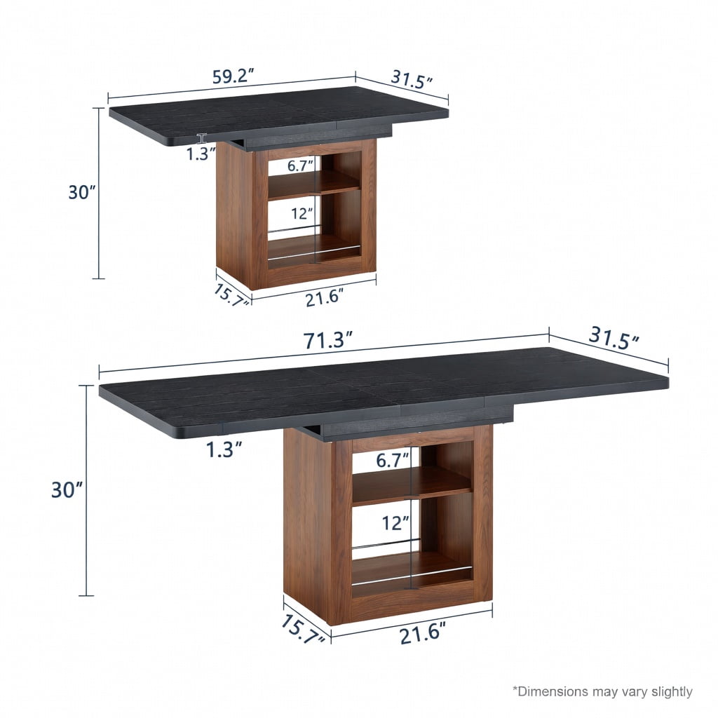 Hommoo Expandable Dining Table with Storage, 59-71" Rectangular Pull-Out Table for 4-8 People, MDF + Metal Frame, Modern Space-Saving Kitchen/Dining Room Furniture, Black & Walnut