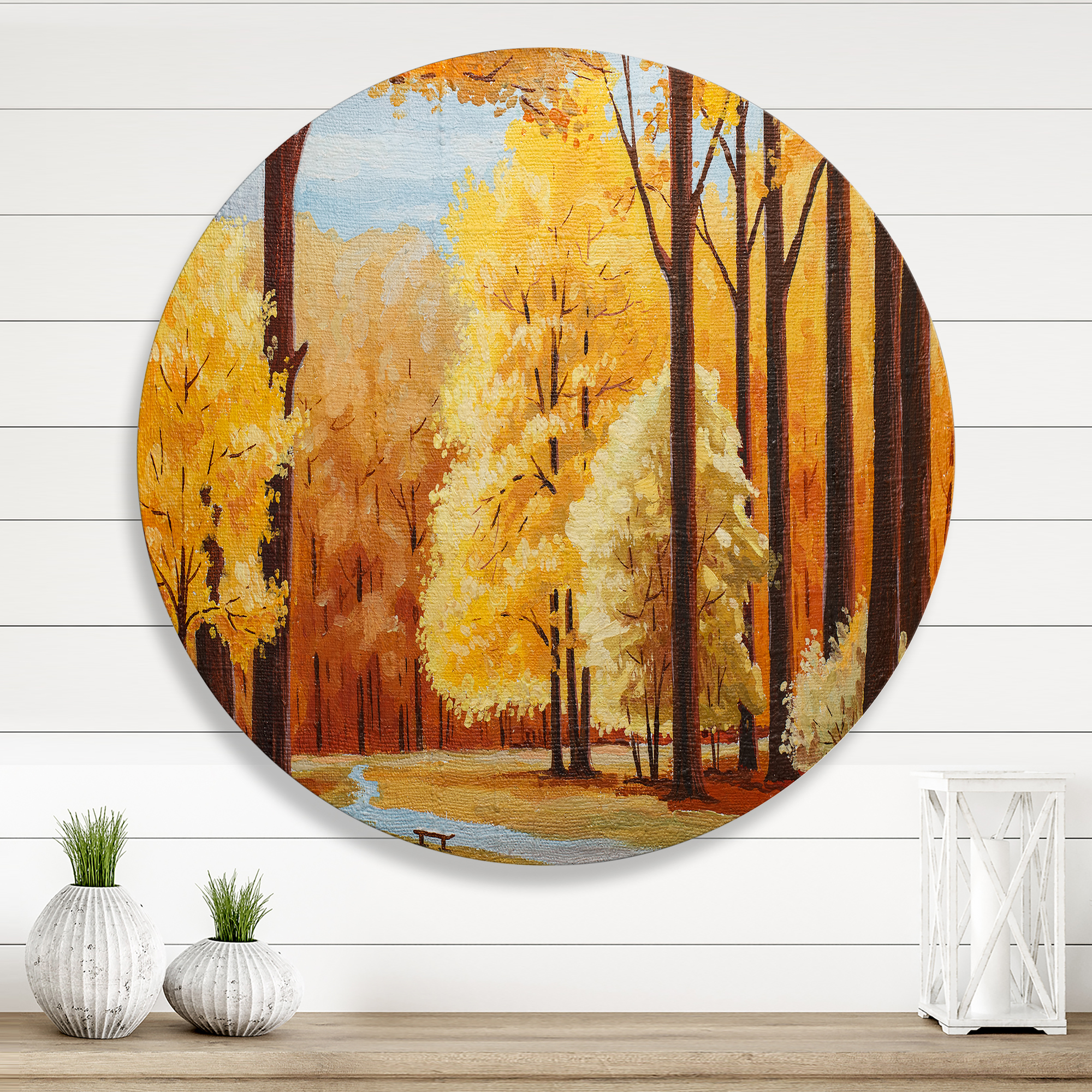 Designart 'Orange Autumn Trees At Sunrise' Farmhouse Circle Metal Wall Art 11x11 - Disc of 11