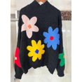 thumbnail image 3 of Women'S Long Puff Sleeve Sweaters Casual Crewneck Ribbed Knit Flower Color Block Loose Pullover Tops, 3 of 5