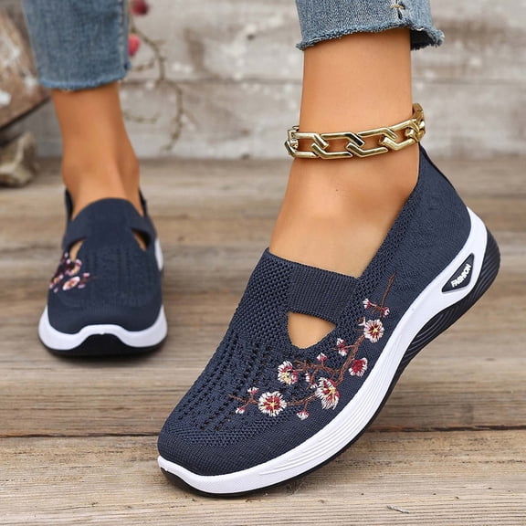 Orthopedic Shoes for Women,Women Wide Width Breathable Walking Comfortable Slip on Sneakers,Non Slip Arch Support Slip on Shoes Dark Blue 7