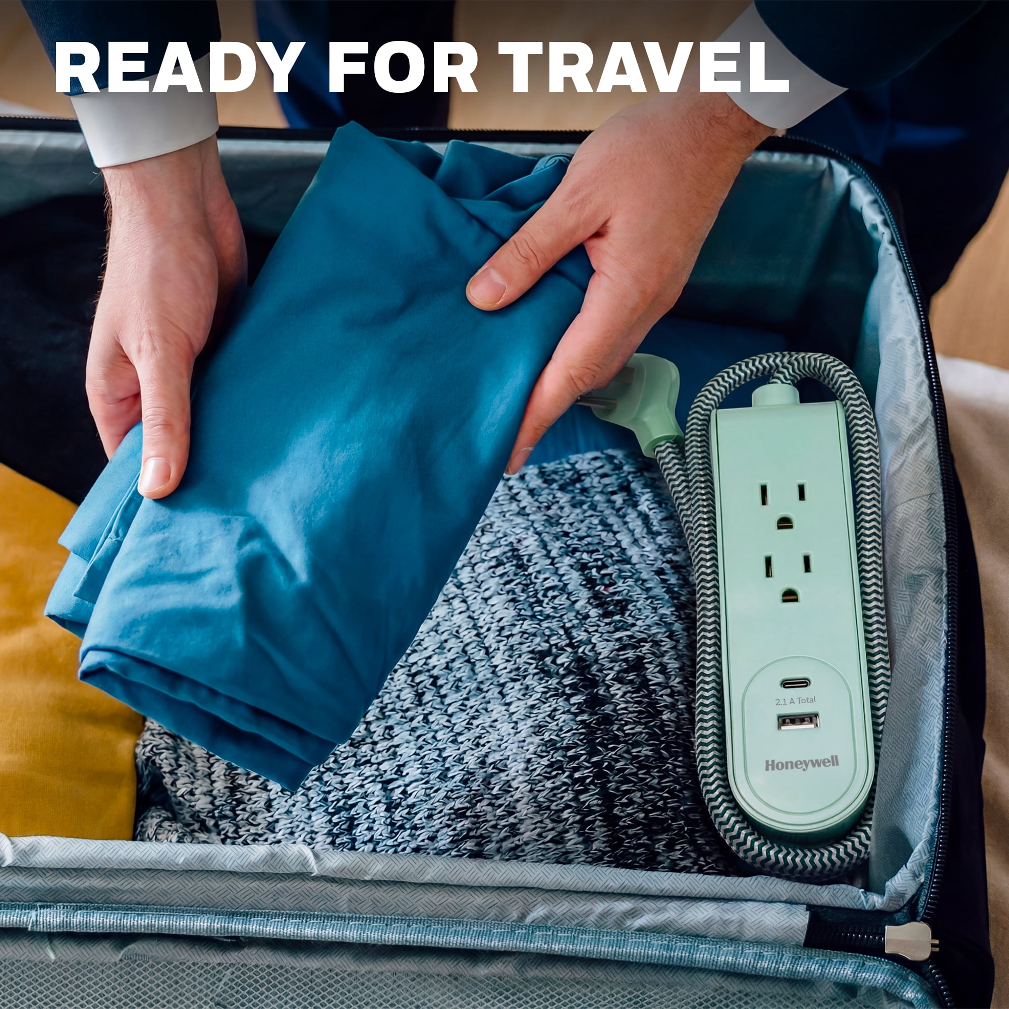 Honeywell 3 ft. Fabric Power Strip with 2 AC & 2 USB Ports (2.1A), 45° Angled Flat Plug (Sage Green)