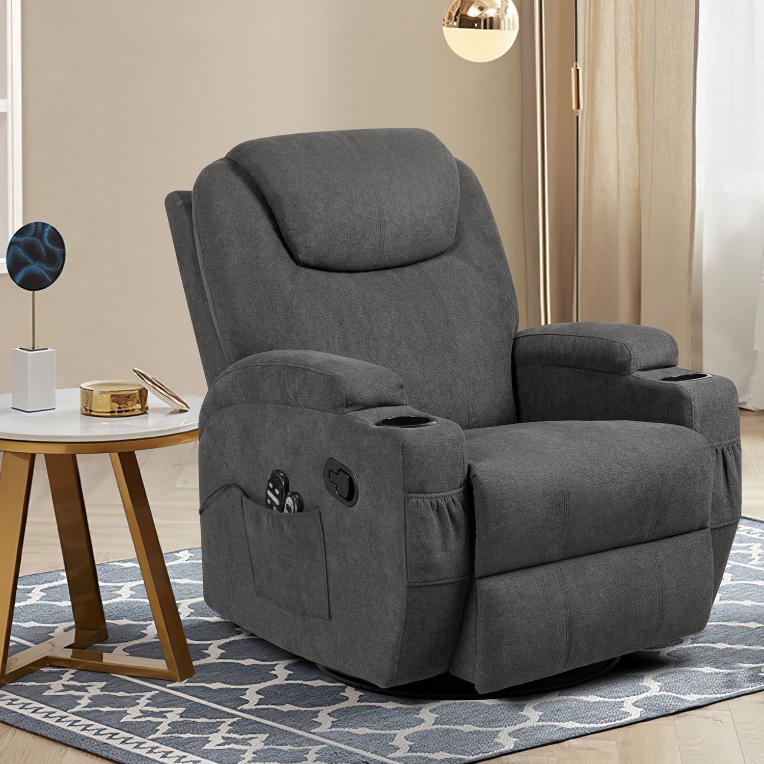 Homall Swivel Rocking Recliner Chair Massage Fabric 360 Swivel Rocker Recliner Living Room Chair Home Theater Seating,Fabric Gray Single Sofa Chair