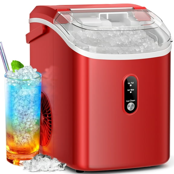 Auseo Nugget Ice Maker Countertop , 35lbs/24H, Self-Cleaning, Ice Basket & Ice Shovel & Handle, for Home/Office/Party, Red
