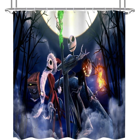 NIGHTMARE BEFORE CHRISTMAS Shower Curtain Fabric, Cool Cartoon Merry Christmas Jack Skellington and Sally Shower Curtains for Kids Christmas Bathroom Decor with 12 Hooks (Color-19)