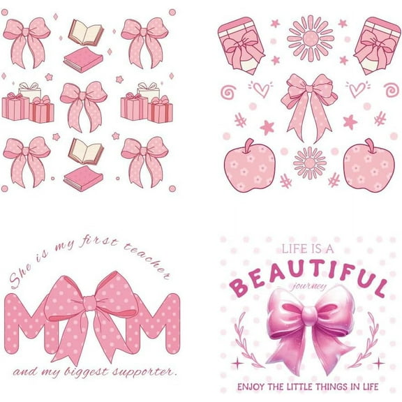 4Pcs 4 Styles Plastic Heat Transfer Film Logo Stickers Set for DIY T-Shirt Bags Hats Jackets Bowknot 228~240x189~240mm 1pc/style