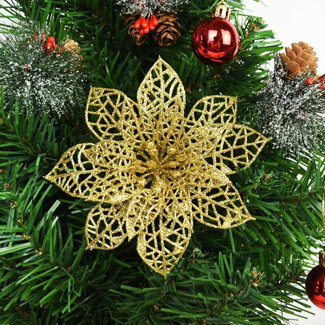 Flores artificiales de 5 piezas con purpurina, adornos de árbol de Navidad para el hogar, boda, Día de San Valentín