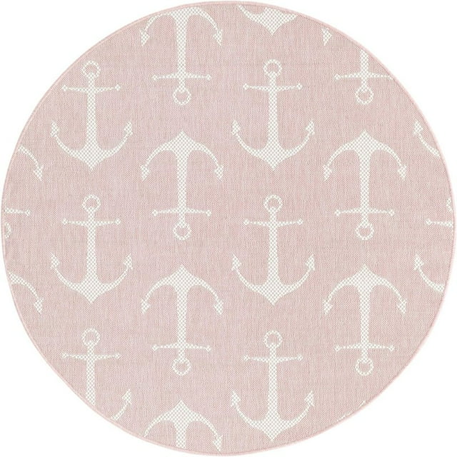 Unique Loom Outdoor Coastal Nautical Beach Rug 5' 3 x 5' 3 Round Pink/Gray