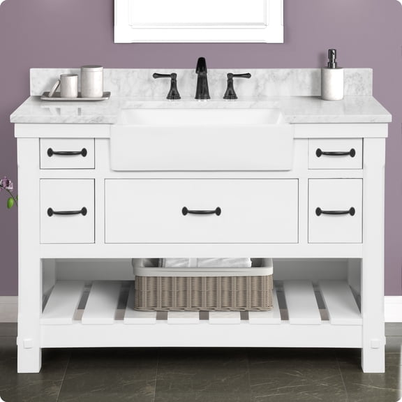 Farmington 48" Single Bathroom Vanity, 49Wx22Dx34.5H, Carrara Marble Top with 24" Wide Apron-Front Sink & Backsplash, Dove White Solid Wood Cabinet, Pre-Assembled, Soft-Closing Drawers, Open Shelf