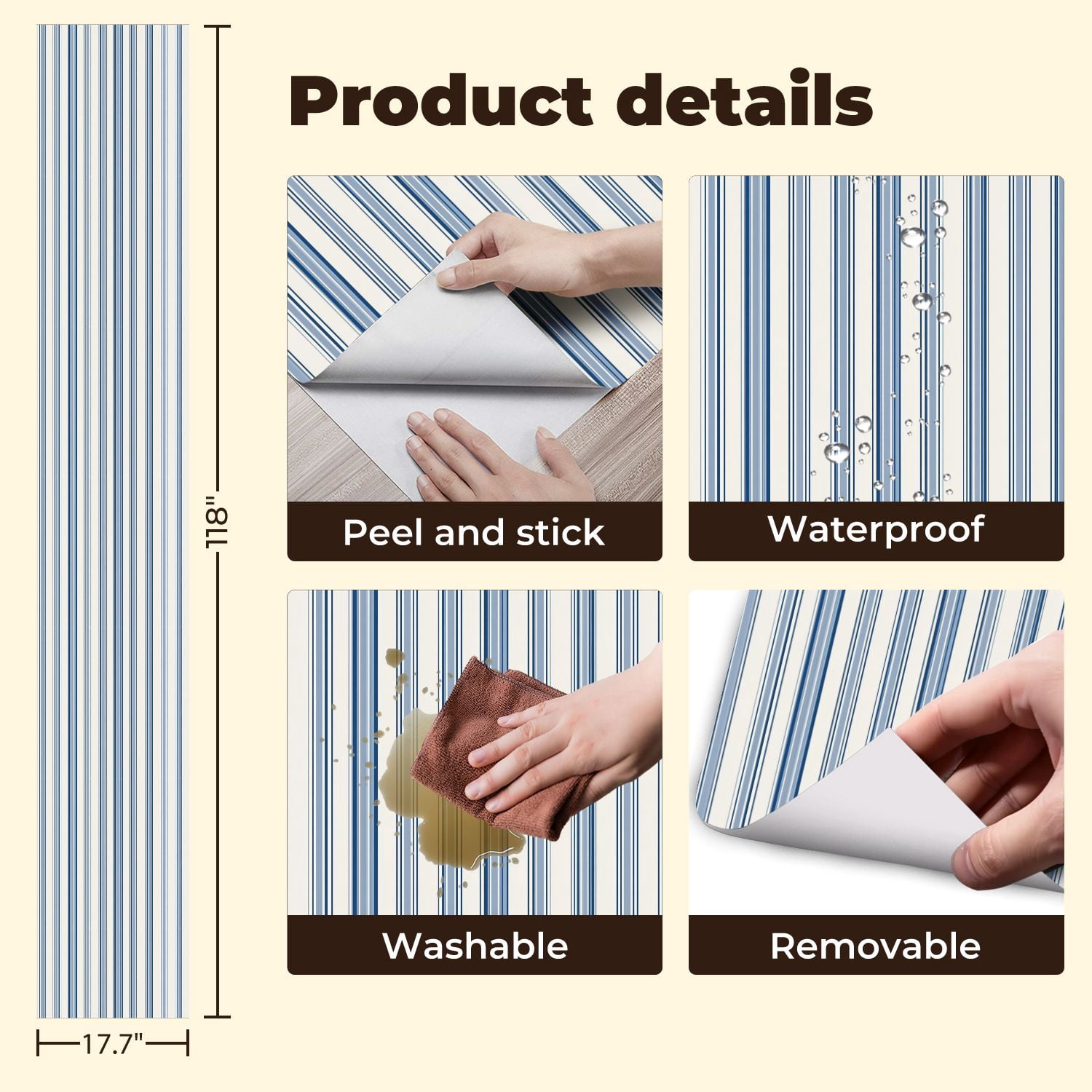 Peel and Stick Wallpaper Blue White Vertical Striped Minimalist Classic Wall Mural 17.7in x 9.8ft Self Adhesive Removable Wall Paper Renter Friendly Wallpaper for Bedroom Studio Lake House