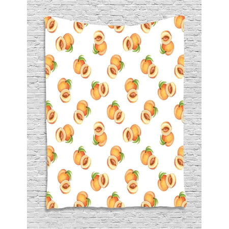 Peach Tapestry, Vegetative Growth Botany Pattern Orange Drupes Freshly Picked From the Trees, Wall Hanging for Bedroom Living Room Dorm Decor, Pale Orange Green, by