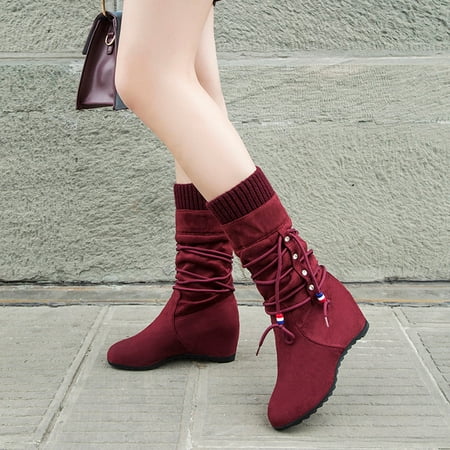 

VKEKIEO Mid Calf Boots For Women Round Toe High Heel Walking Shoes Slip-On Red