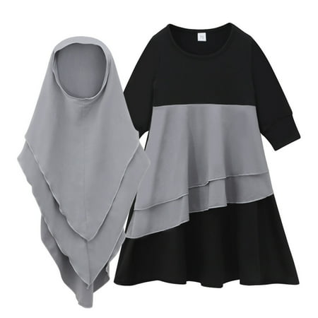 

OAUP 2PCS Toddler Girls Outfit Sets Ethnic Baby Abaya With Hijab Full Length Robe Burka Maxi Little Kids Baby Color Block Dresses Fall Casual Trendy Outfit 12-14Y
