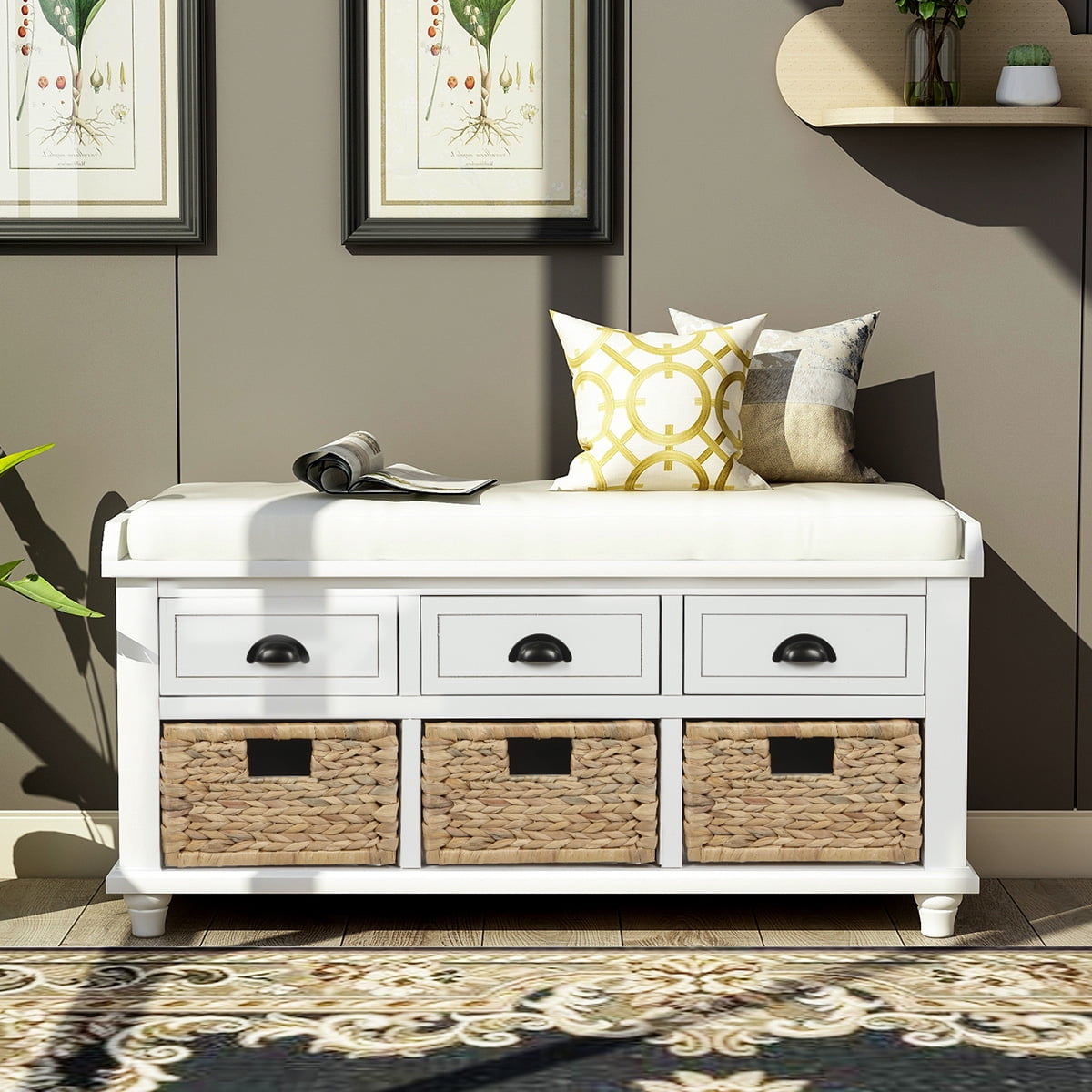 Sentern Entryway Storage Bench Shoe Bench with 3 Drawers and 3 Wicker