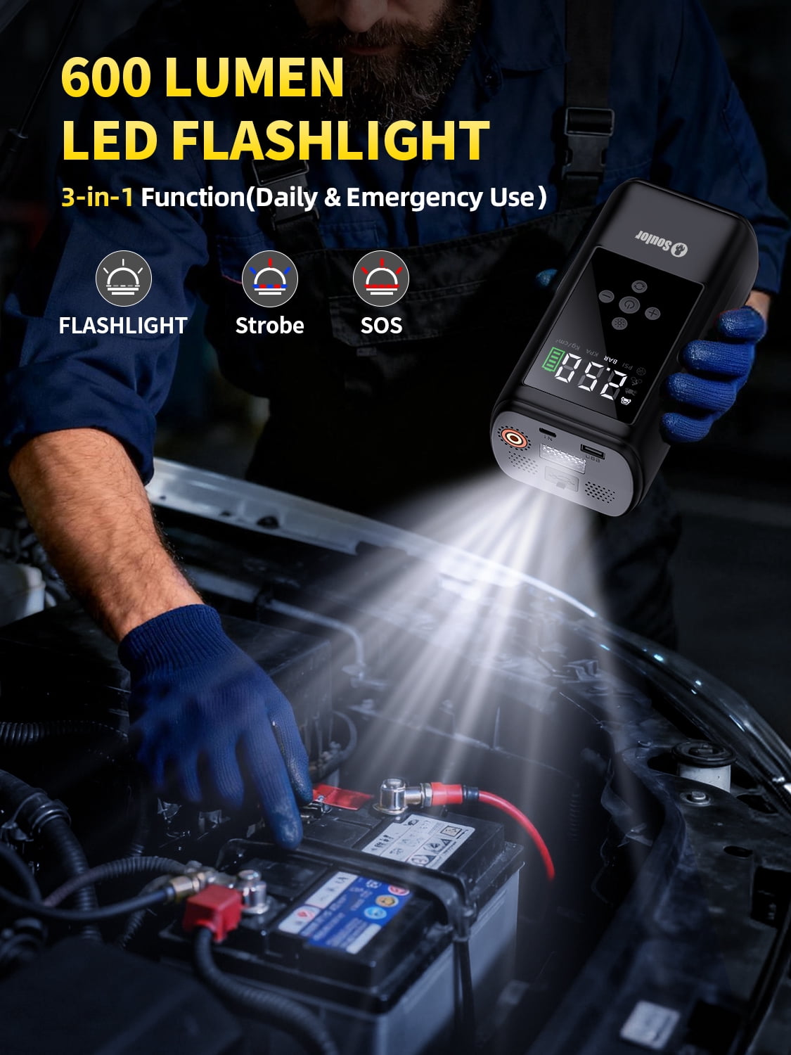 Jump Starter with Air Compressor, 1000A Battery Jump Starter (for 5.0L Gas or Up to 3.5L Diesel),150PSl Digital Tire Inflatorwith Emergency Light