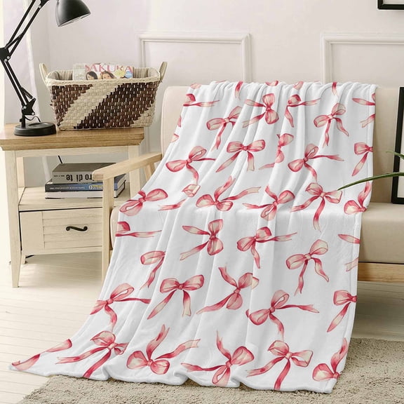 Fleece Blanket Pink Bow Seamless Blankets, Soft Cozy Warm Flannel Throw Blanket, Romance Blanket for Bed Couch Sofa,40x50In