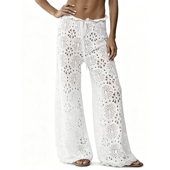 Womens Crochet Swimsuit Coverup Pants High Waisted Drawstring Sexy Sheer Mesh Knit Wide Leg Beach Pants