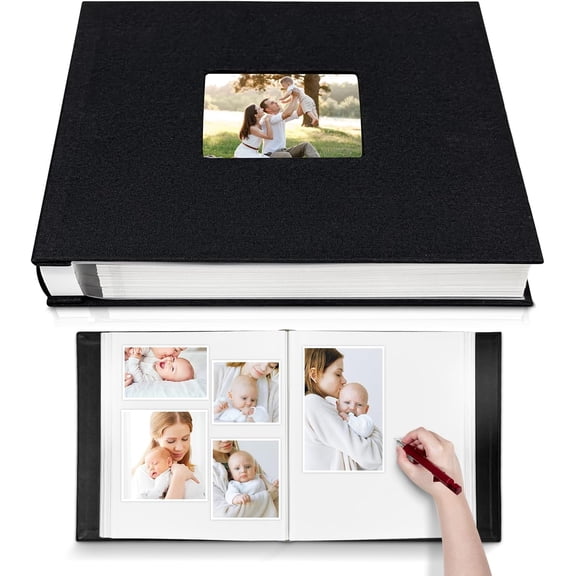 Large Photo Album Self Adhesive with Picture Display Window DIY Scrapbook for 4x6 8x10 Pictures 40 Pages Linen Cover Memory Book Scraper and Metallic Pen(Black)