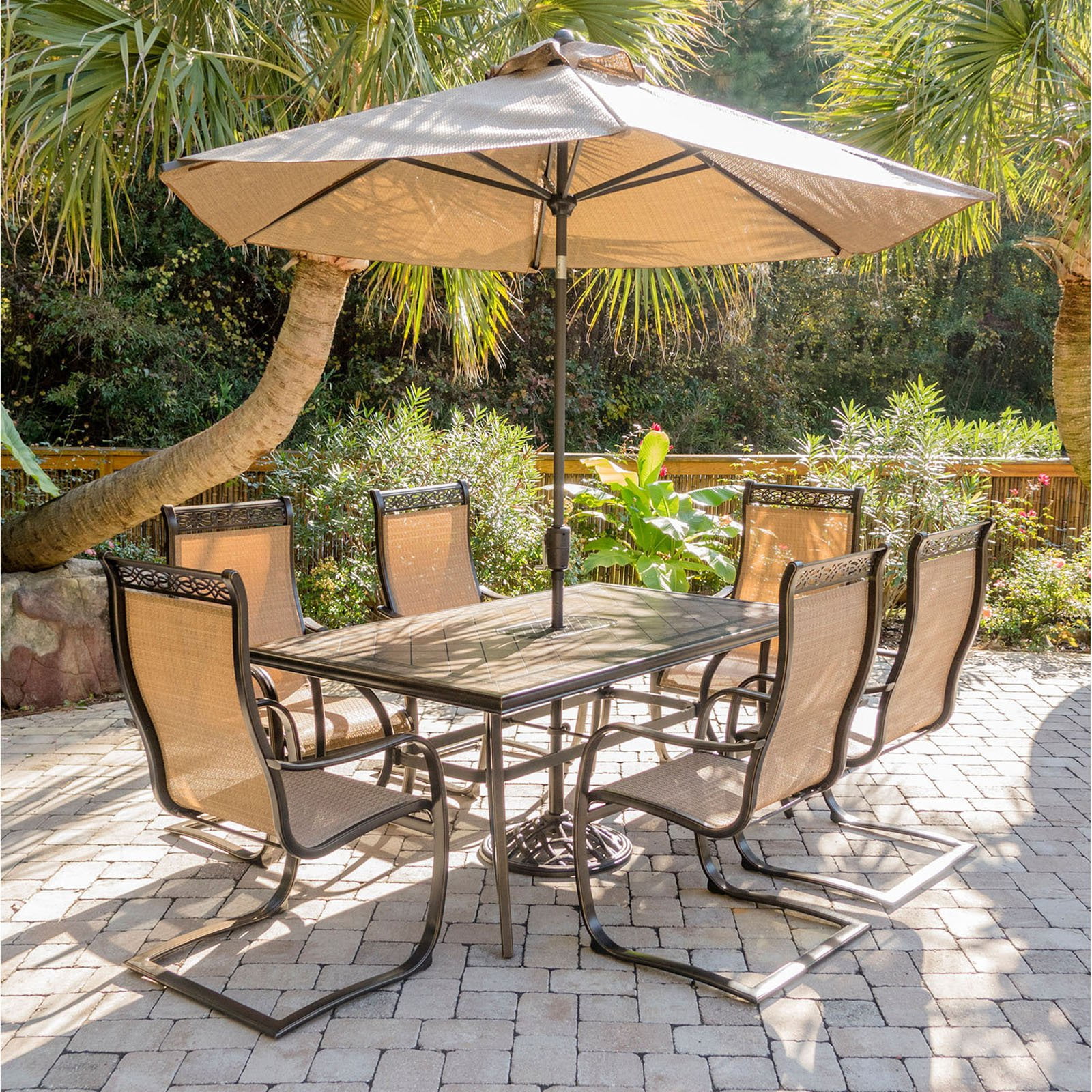 Hanover Monaco 7-Piece Dining Set with Six Sling-back Dining Chairs and One Extra Large Glass-top Dining Table