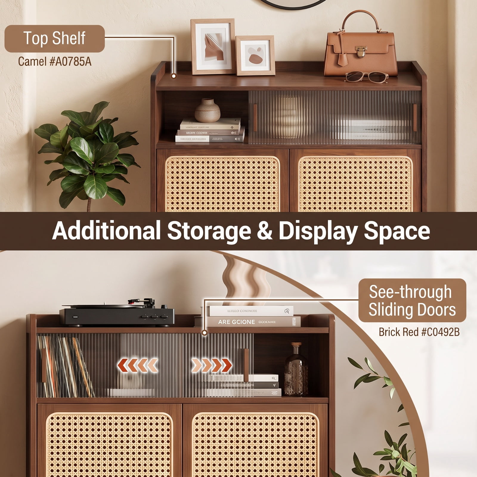 Furnibear 5 Tier Bamboo Shoe Storage Cabinet with Woven PE Rattan and See Through Sliding Doors for Entryway Hallway Closet, Walnut