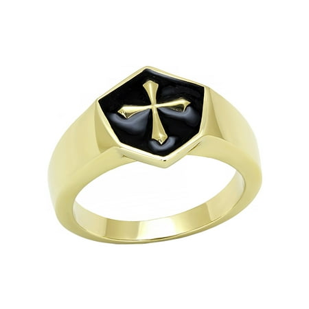 Medieval Cross in Black background Shield Shape Gold IP Stainless Steel Mens Ring - Size 9